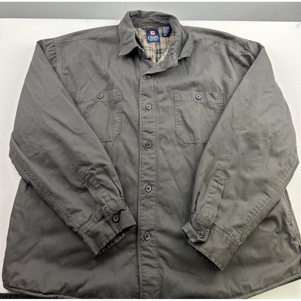 Chaps Shirt Jacket Mens XXL Brown Canvas Fleece Lined Shacket‎ Button Workwear